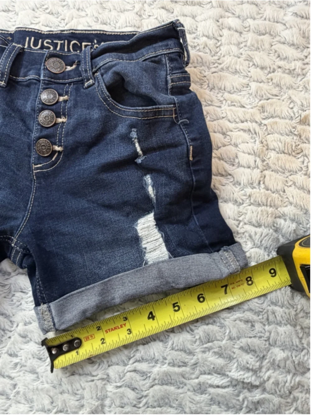 Justice Girls Size 10 Dark Wash Denim Shorts Distressed Cuffed Stretch Heart